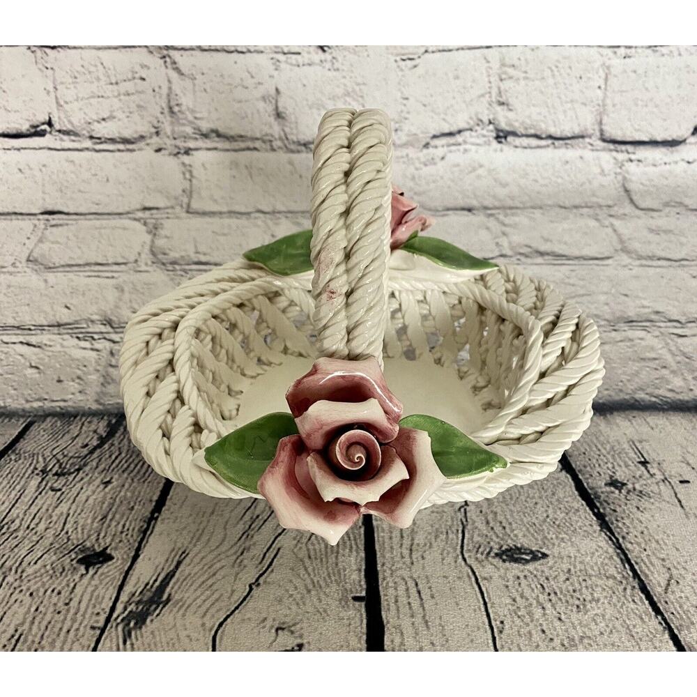 Capodimonte Porcelain Weaved Basket With Handle And Roses Made In Italy